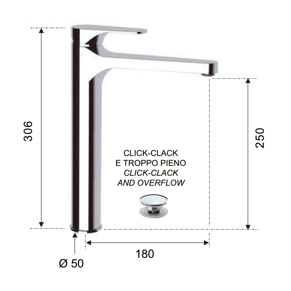 Class line miscelatore lavabo per bagno moderno con o senza piletta click clack