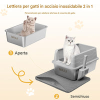 Lettiera per Gatti Grigio in Acciaio con Tappetino Capacità 25 Litri con Paletta