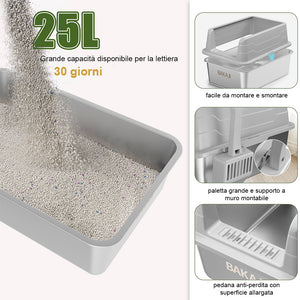 Lettiera per Gatti Grigio in Acciaio con Tappetino Capacità 25 Litri con Paletta