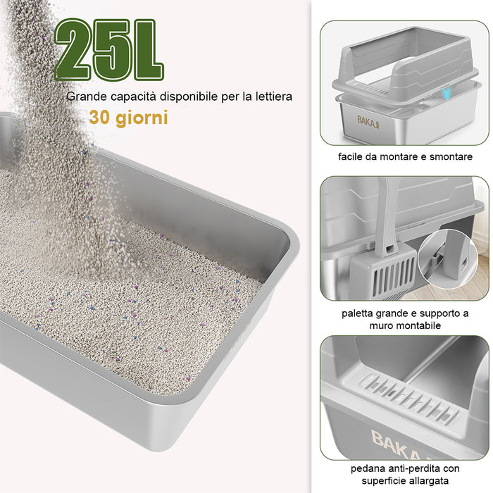 Lettiera per Gatti Grigio in Acciaio con Tappetino Capacità 25 Litri con Paletta