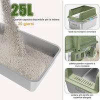 Lettiera per Gatti Verde in Acciaio con Tappetino Capacità 25 Litri con Paletta