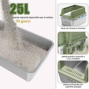 Lettiera per Gatti Verde in Acciaio con Tappetino Capacità 25 Litri con Paletta