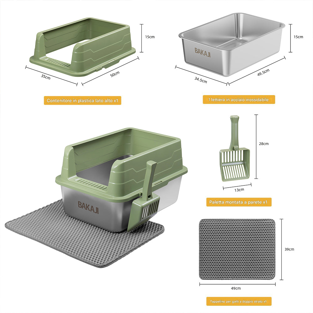 Lettiera per Gatti Verde in Acciaio con Tappetino Capacità 25 Litri con Paletta