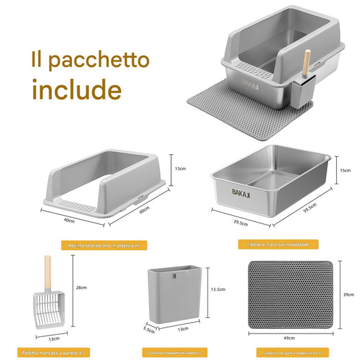 Lettiera per Gatti Grigia in Acciaio con Tappetino Capacità 35 Litri con Paletta