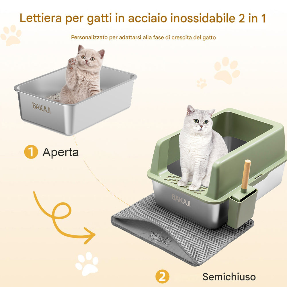 Lettiera per Gatti Verde in Acciaio con Tappetino Capacità 35 Litri con Paletta