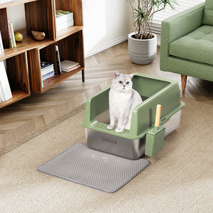 Lettiera per Gatti Verde in Acciaio con Tappetino Capacità 35 Litri con Paletta