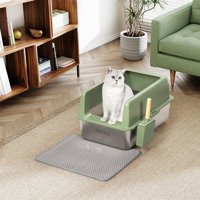 Lettiera per Gatti Verde in Acciaio con Tappetino Capacità 35 Litri con Paletta