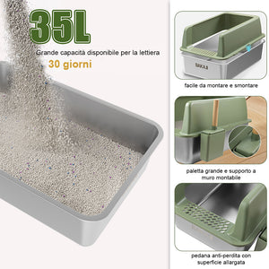 Lettiera per Gatti Verde in Acciaio con Tappetino Capacità 35 Litri con Paletta