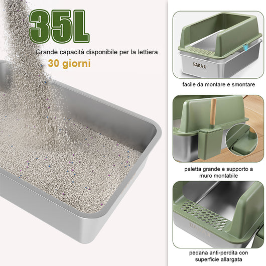 Lettiera per Gatti Verde in Acciaio con Tappetino Capacità 35 Litri con Paletta