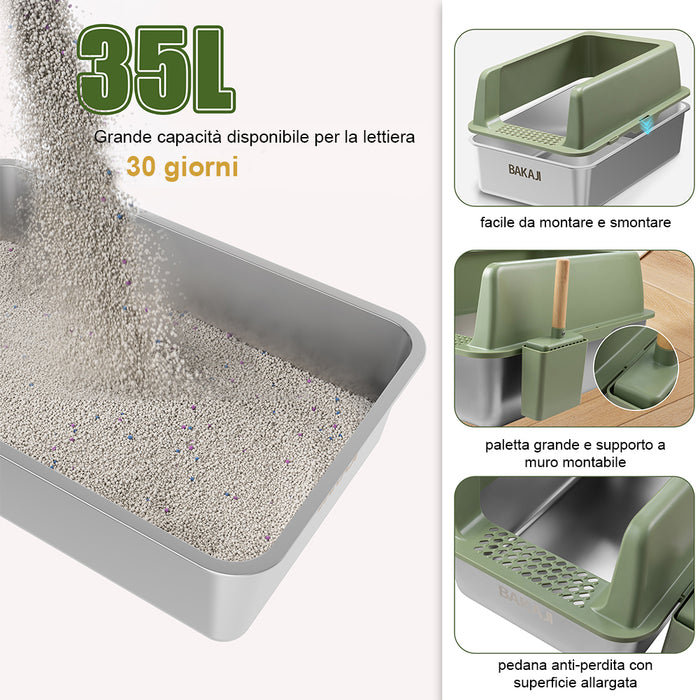 Lettiera per Gatti Verde in Acciaio con Tappetino Capacità 35 Litri con Paletta