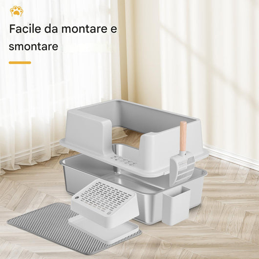 Lettiera per Gatti Acciaio con Tappetino e Supporto Anti Sabbiolina Capacità 35L