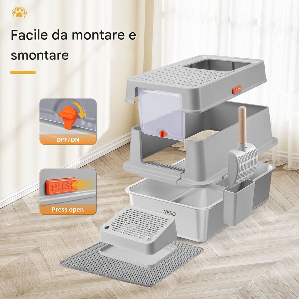 Lettiera per Gatti in Acciaio 35L Sportello Bloccabile e Pedana Anti Sabbiolina