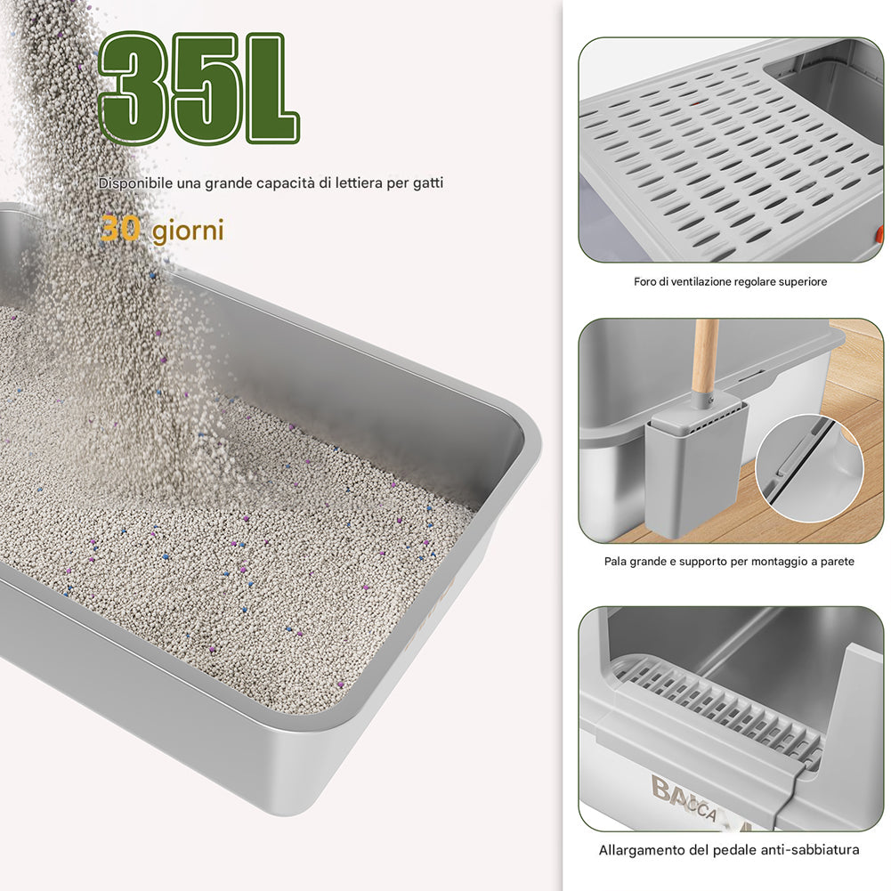 Lettiera per Gatti in Acciaio 35L Sportello Bloccabile e Pedana Anti Sabbiolina