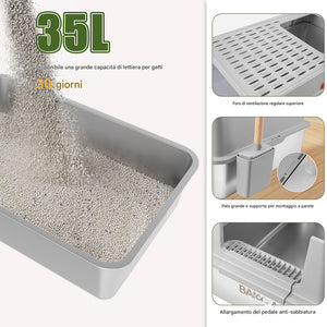 Lettiera per Gatti in Acciaio 35L Sportello Bloccabile e Pedana Anti Sabbiolina