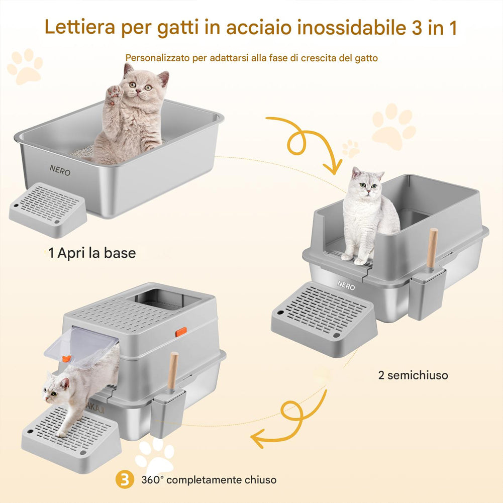 Lettiera per Gatti in Acciaio 35L Sportello Bloccabile e Pedana Anti Sabbiolina