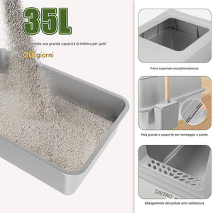 Lettiera per Gatti in Acciaio 35L Sportello Paletta e Pedana Anti Sabbiolina