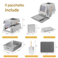 Lettiera per Gatti in Acciaio 35L Sportello Paletta e Pedana Anti Sabbiolina