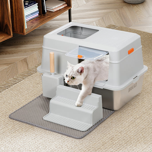 Lettiera per Gatti in Acciaio 35 Litri con Scaletta Anti Sabbiolina e Sportello