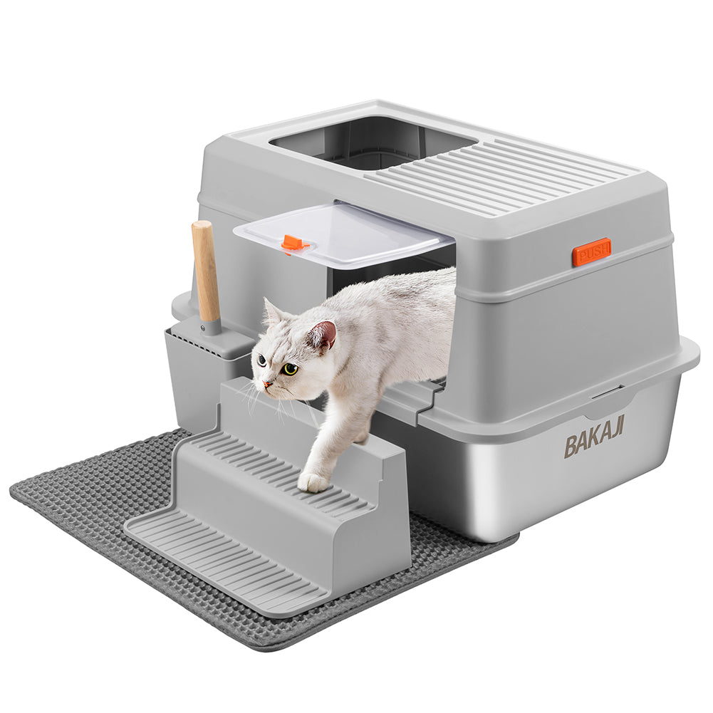 Lettiera per Gatti in Acciaio 35 Litri con Scaletta Anti Sabbiolina e Sportello