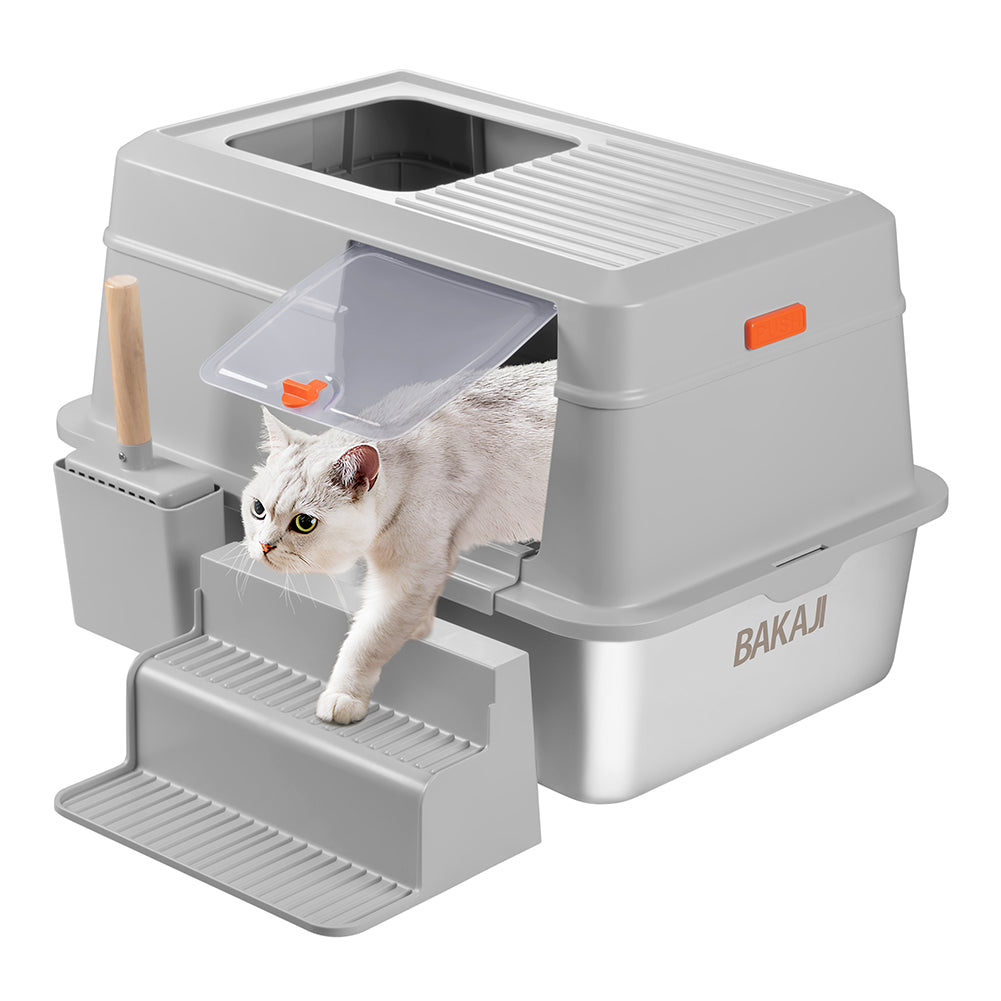 Lettiera per Gatti in Acciaio 35 Litri con Scaletta Anti Sabbiolina e Sportello