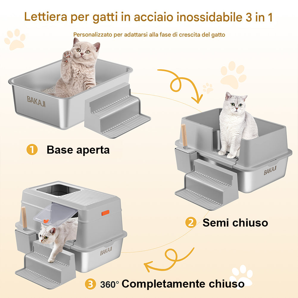 Lettiera per Gatti in Acciaio 35 Litri con Scaletta Anti Sabbiolina e Sportello