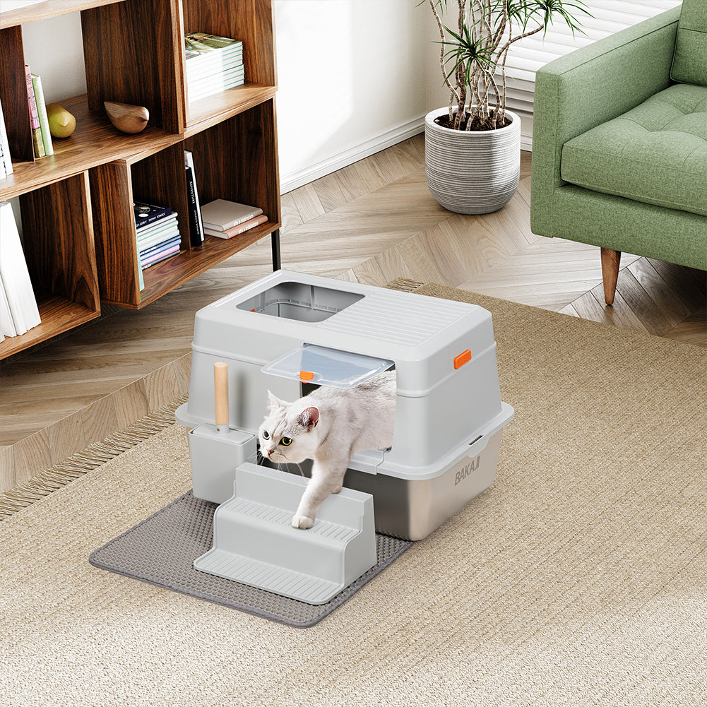 Lettiera per Gatti in Acciaio 35 Litri con Scaletta Anti Sabbiolina e Sportello