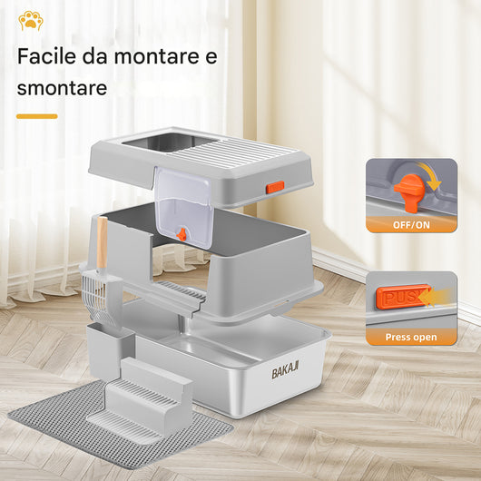 Lettiera per Gatti in Acciaio 35 Litri con Scaletta Anti Sabbiolina e Sportello