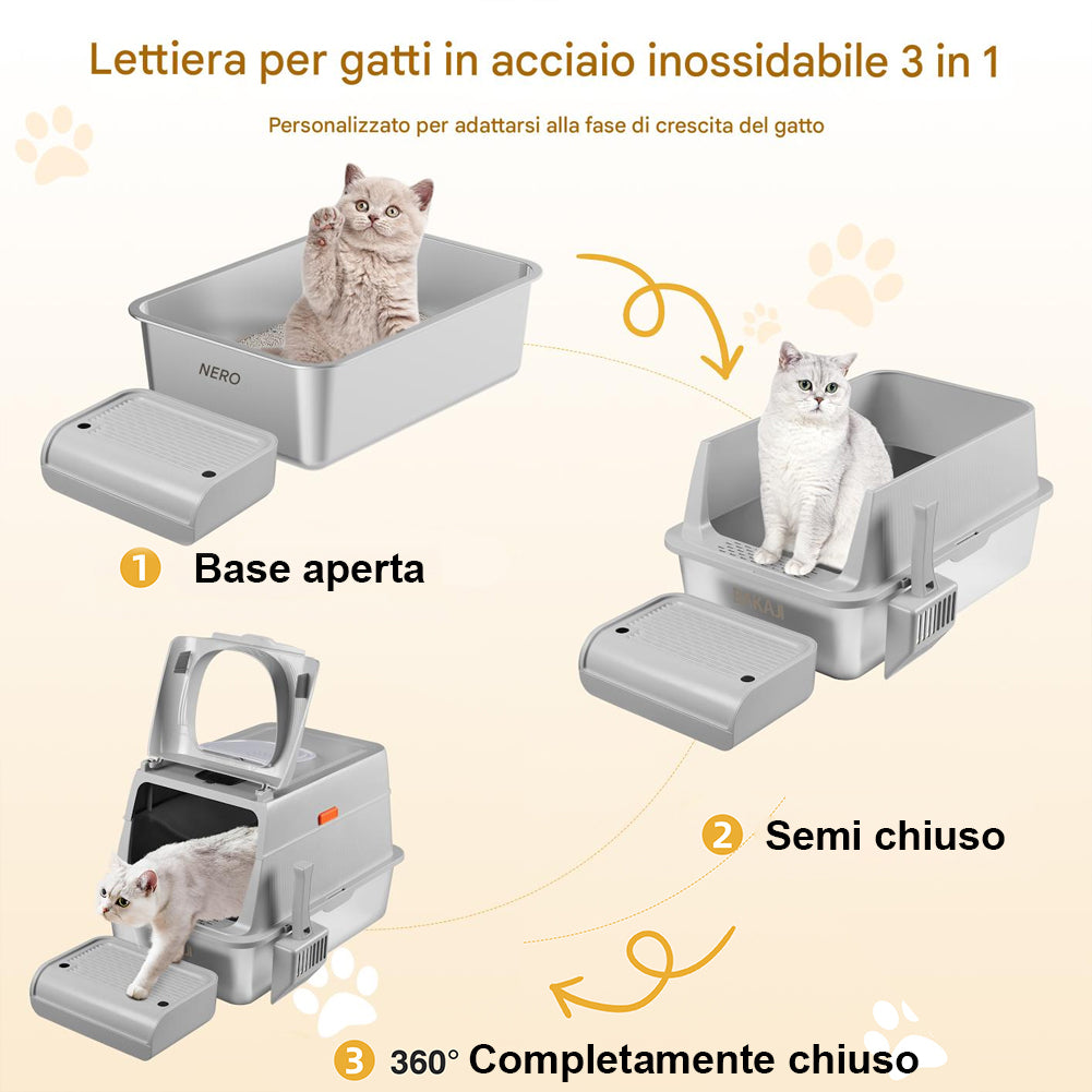 Lettiera per Gatti in Acciaio 35 L con Filtro Antiodore e Pedaliera Anti Sabbia