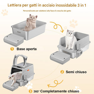 Lettiera per Gatti in Acciaio 35 L con Filtro Antiodore e Pedaliera Anti Sabbia