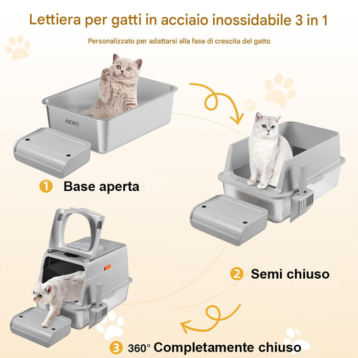 Lettiera per Gatti in Acciaio 35 L con Filtro Antiodore e Pedaliera Anti Sabbia