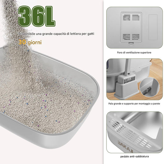 Lettiera per Gatti in Acciaio 36 Litri con Paletta e Pedana Raccogli Sabbiolina