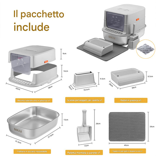 Lettiera per Gatti in Acciaio 36 Litri con Paletta e Pedana Raccogli Sabbiolina