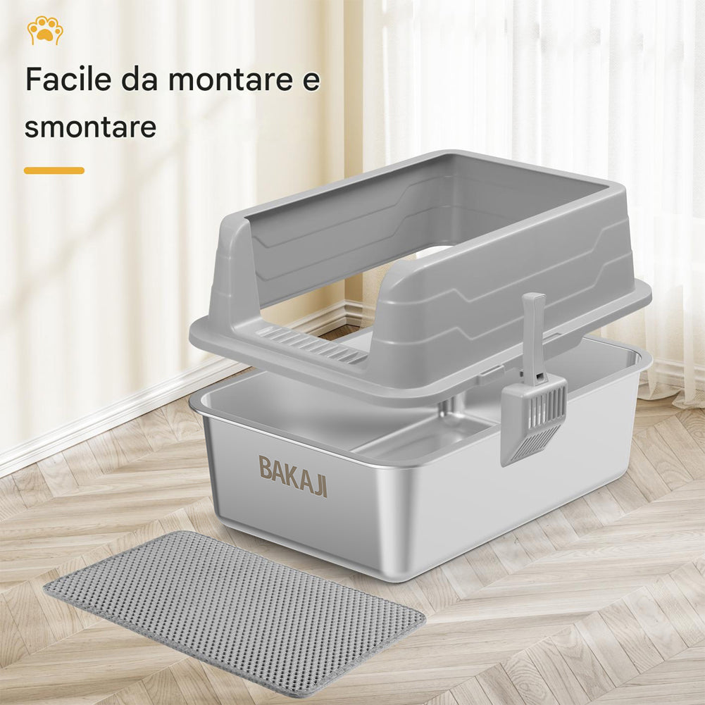 Lettiera per Gatti Grigio in Acciaio con Tappetino Capacità 25 Litri con Paletta