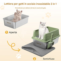 Lettiera per Gatti Verde in Acciaio con Tappetino Capacità 25 Litri con Paletta
