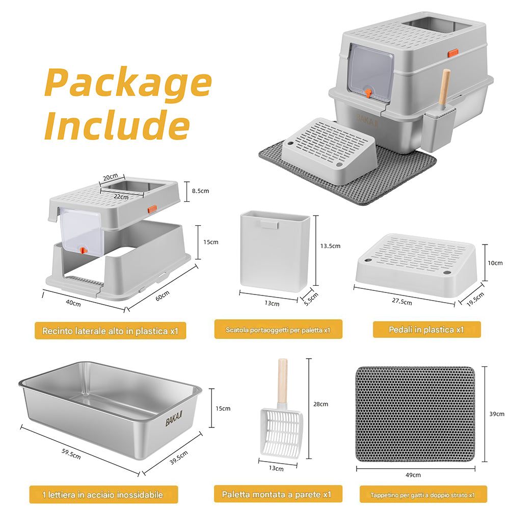 Lettiera per Gatti in Acciaio 35L Sportello Bloccabile e Pedana Anti Sabbiolina