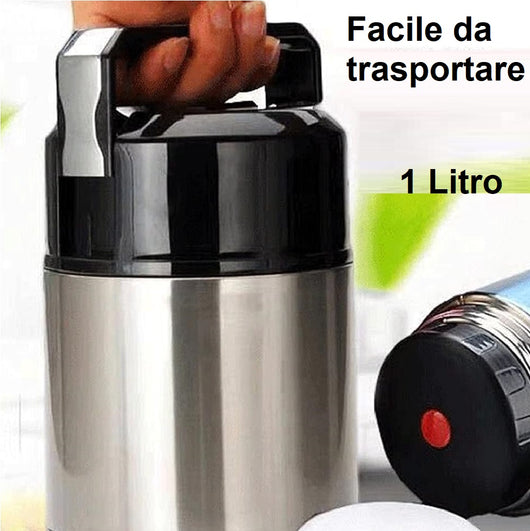 Thermos Porta Pranzo Acciaio Inox 1 Litro con Maniglia Tappo a Vite e Valvola