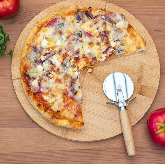 Tagliere Pizza Bambù 35cm con Rotella Taglia Pizza Ecologico e Robusto (6 Spicchi)