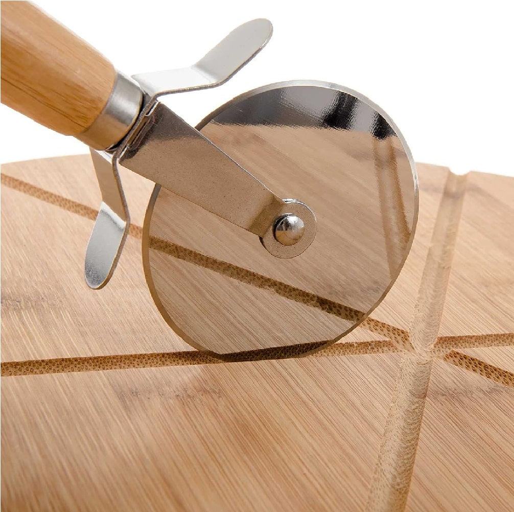 Tagliere Pizza Bambù 35cm con Rotella Taglia Pizza Ecologico e Robusto (6 Spicchi)