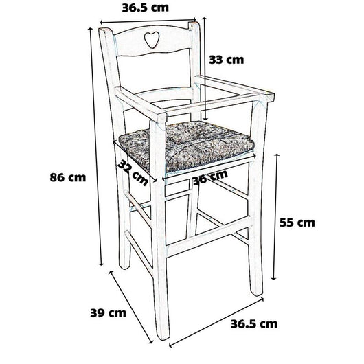 SEGGIOLONE IN LEGNO NOCE CON SEDUTA IN PAGLIA E CUORE INTAGLIATO SULLA SPALLIERA REALIZZATO IN FAGGIO 36×39×86 CM