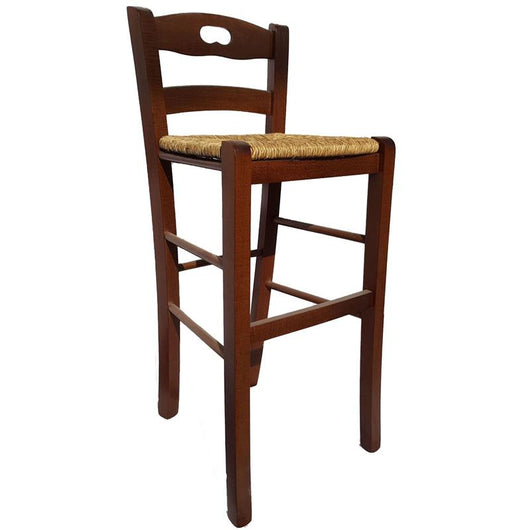 SGABELLO SNACK CON SEDUTA IN PAGLIA COLORE NOCE 39X38X90CM STILE RUSTICO SCHIENALE ALTO