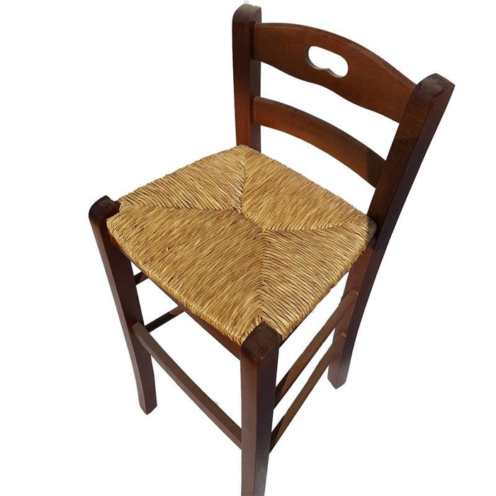 SGABELLO SNACK CON SEDUTA IN PAGLIA COLORE NOCE 39X38X90CM STILE RUSTICO SCHIENALE ALTO