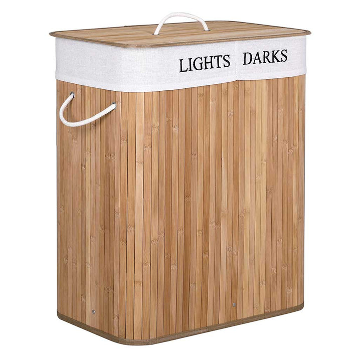Cesto Biancheria Sporca 2Scomparti Bambù Pieghevole Portabiancheria Naturale 100lt