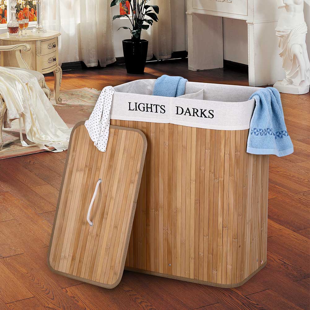 Cesto Biancheria Sporca 2Scomparti Bambù Pieghevole Portabiancheria Naturale 100lt