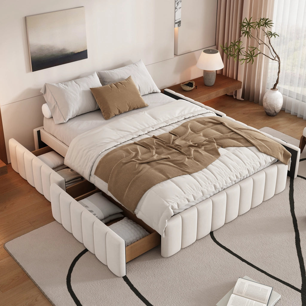 Letto con Cassetti 140x200 cm; Contenitore; 4 Cassetti e Spazio sotto il Letto - in Velluto - Beige