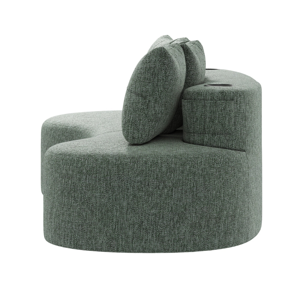 Divano ULEVR 240x109x60 cm in lino verde con 4 cuscini, portabicchieri e tasche laterali
