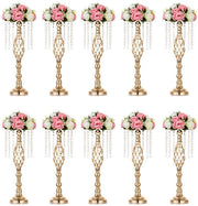 Set di 10 vasi di nozze per tavolo, vasi metallici dorati da 55 cm con catena di perle di cristallo per matrimoni, composizioni floreali artificiali per feste, cerimonie di anniversario, feste, eventi, ricevimenti