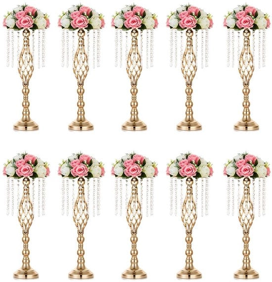 Set di 10 vasi di nozze per tavolo, vasi metallici dorati da 55 cm con catena di perle di cristallo per matrimoni, composizioni floreali artificiali per feste, cerimonie di anniversario, feste, eventi, ricevimenti