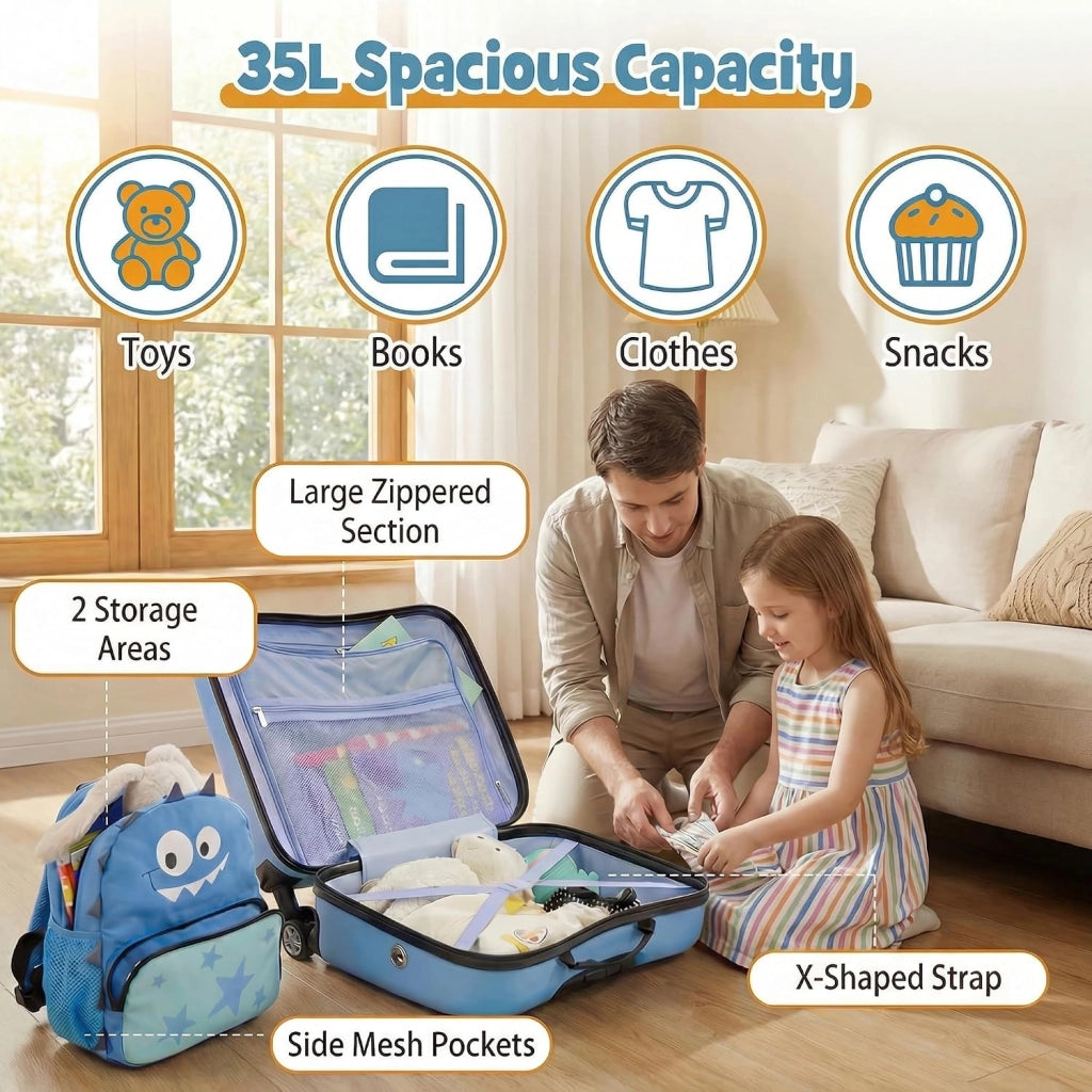 Set di Valigia Cavalcabile 18’’ + Zaino 12’’ per Bambini 2 Pezzi, Bagagli 2-in-1 di con Maniglia Telescopica e 4 Ruote, Trolley Bagaglio a Mano e Zaino per Bambini (Blu Dinosauro)