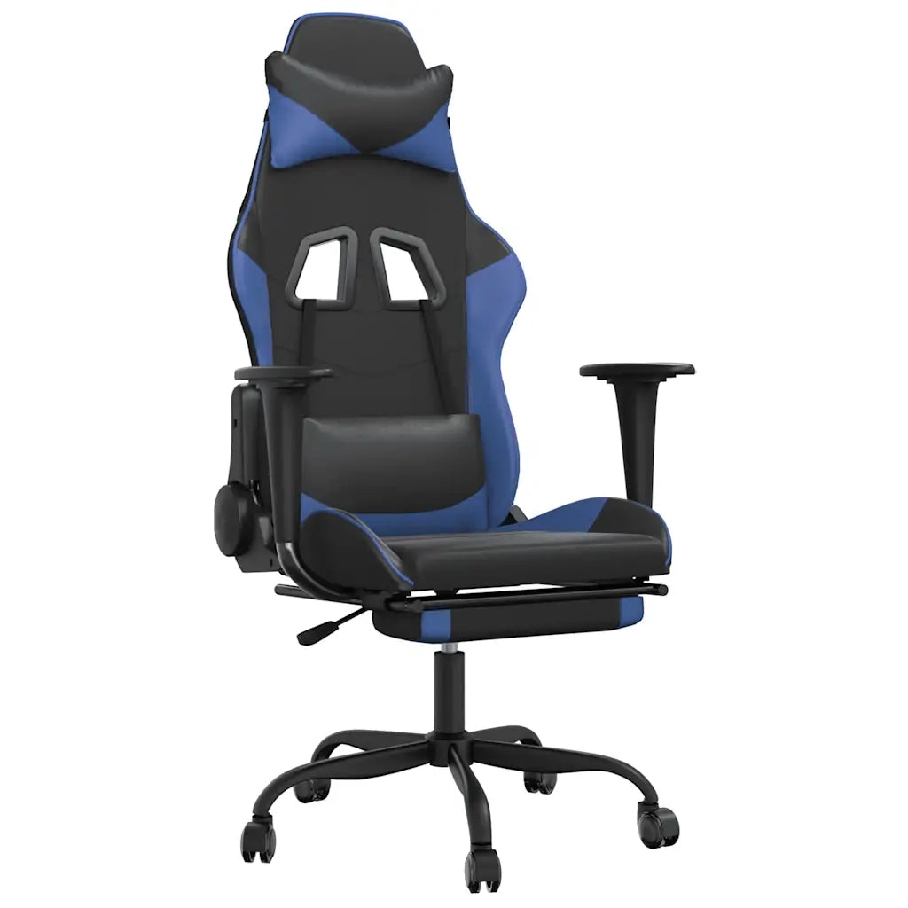 Sedia da Gaming | Sedia da e-sports Massaggiante Poggiapiedi Nero e Blu Similpelle