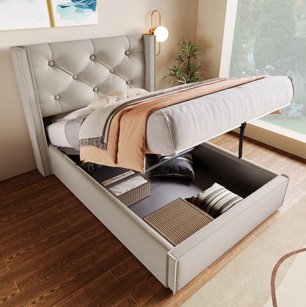 Letto imbottito 90x200 cm con contenitore sollevabile; cotone grigio chiaro (Senza materasso)